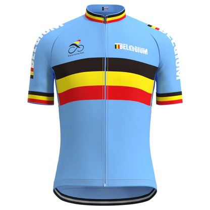 BELGIUM Blauw Vintage Korte Mouw Fietsshirt Bijpassende Set