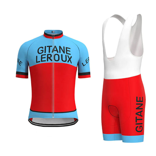 Gitane Leroux Blauw Rood Retro Korte Mouw Fietsshirt Bijpassende Sets