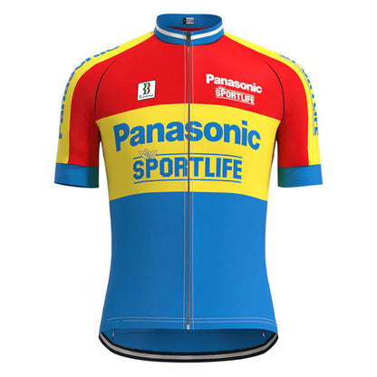 Panasonic Rood Geel Blauw Vintage Korte Mouw Fietsshirt Bijpassende Set