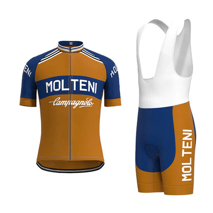 Molteni Bruin Blauw Vintage Korte Mouw Fietsshirt Bijpassende Set