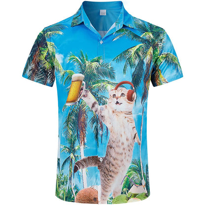 Palm Tree DJ Beer Cat Novelty Hawaiian Shirt