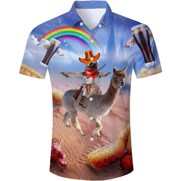 Rainbow Sloth Riding Llama Novelty Hawaiian Shirt