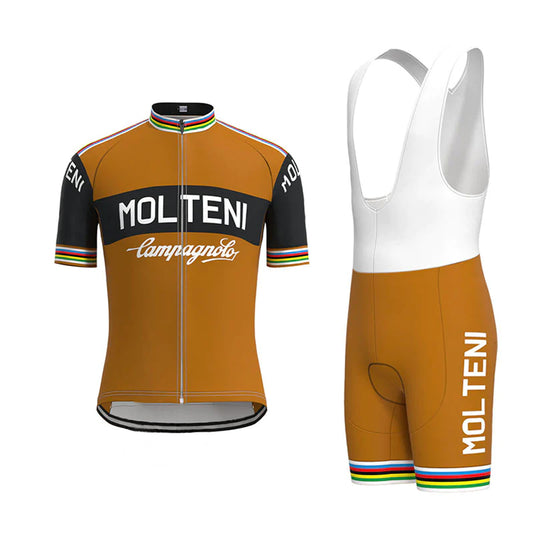 Molteni Bruin Zwart Vintage Korte Mouw Fietsshirt Bijpassende Set