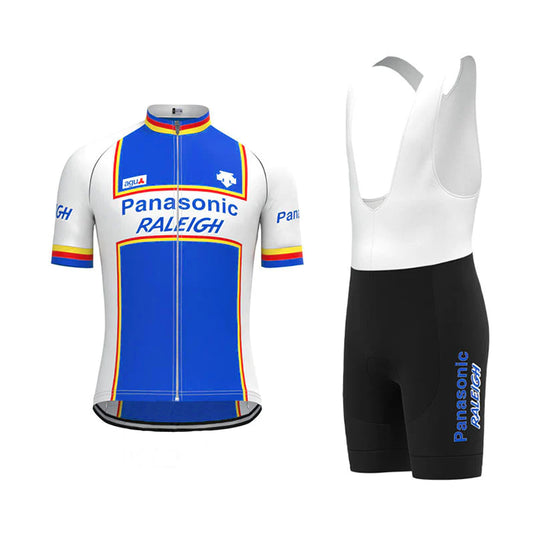 Panasonic Raleigh Blue Vintage Korte Mouw Fietsshirt Bijpassende Set