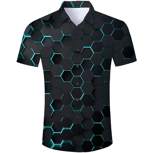 Blauw Hexagon Grappig Hawaiiaans Shirt