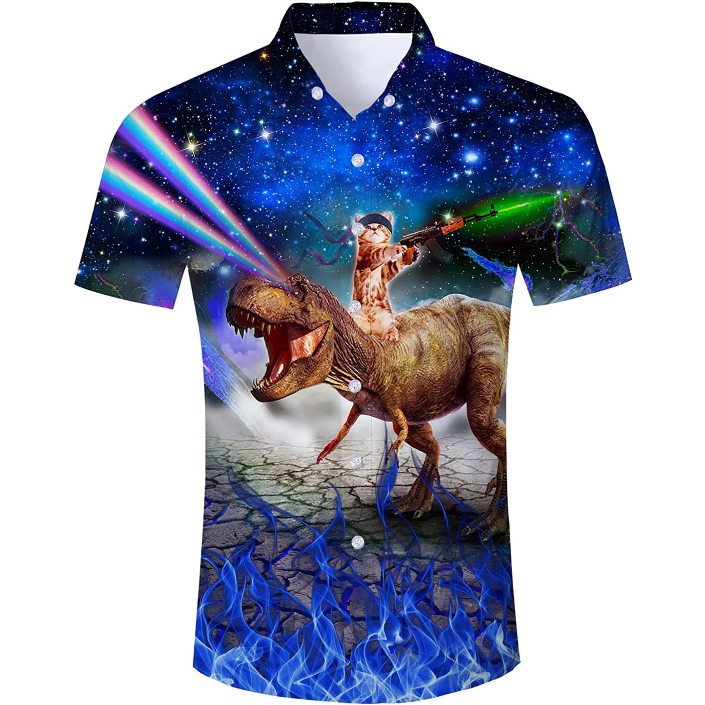 Galaxy Gun Cat Dinosaurus Blauw Nieuwigheid Hawaiiaans Shirt