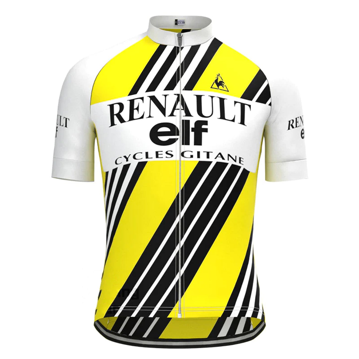 Renault Elf – Gelb gestreiftes Vintage-Radtrikot mit kurzen Ärmeln, passendes Set