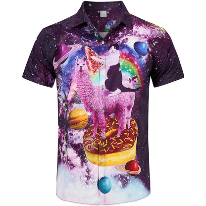 Space Pizza Cat Riding Donuts Llama Funny Hawaiian Shirt