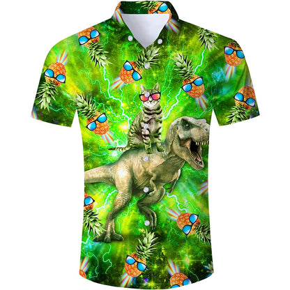 Ananas kat rijdende dinosaurus nieuwigheid Hawaiiaans shirt