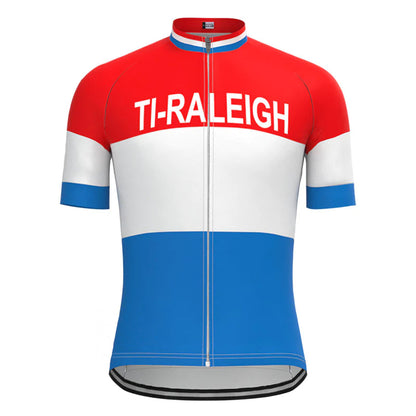 TI Raleigh Rood Wit Blauw Korte Mouw Vintage Fietsshirt Top