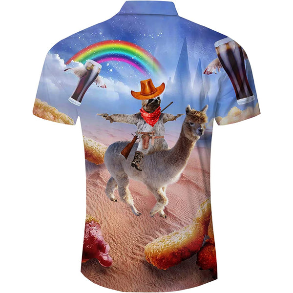 Rainbow Sloth Riding Llama Novelty Hawaiian Shirt