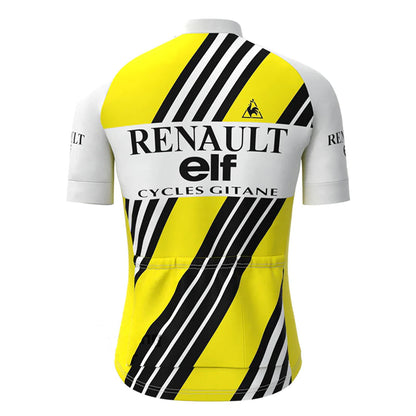 Renault Elf – Gelb gestreiftes Vintage-Radtrikot mit kurzen Ärmeln, passendes Set