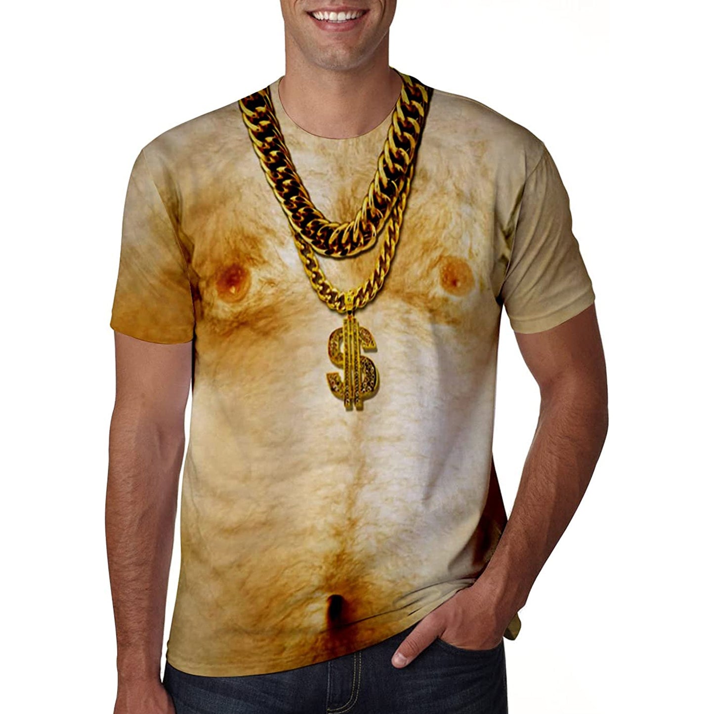 Gouden ketting harige borst nieuwigheid T-shirt