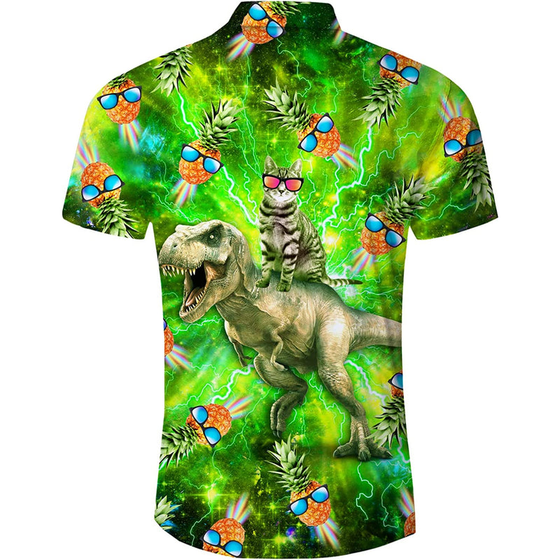 Pineapple Cat Riding Dinosaur Novelty Hawaiian Shirt