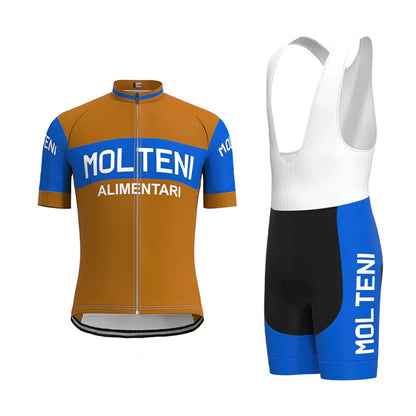 Molteni Bruin Blauw Vintage Korte Mouw Fietsshirt Bijpassende Set