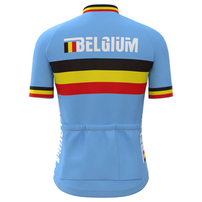 BELGIUM Blauw Vintage Korte Mouw Fietsshirt Bijpassende Set