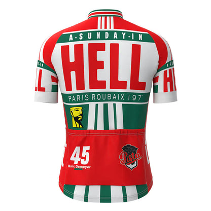 Ein „Sunday in Hell“-Set aus kurzärmeligem Radtrikot im Vintage-Stil in Rot