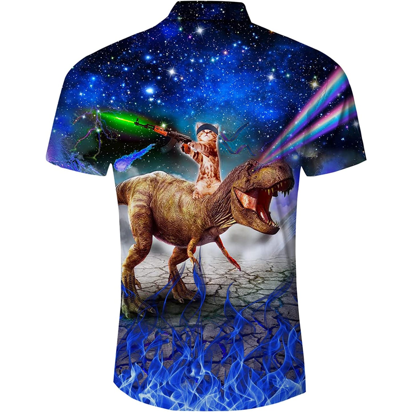 Galaxy Gun Cat Dinosaurus Blauw Nieuwigheid Hawaiiaans Shirt