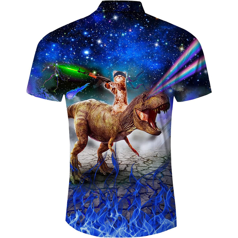 Galaxy Gun Cat Dinosaur Blue Novelty Hawaiian Shirt