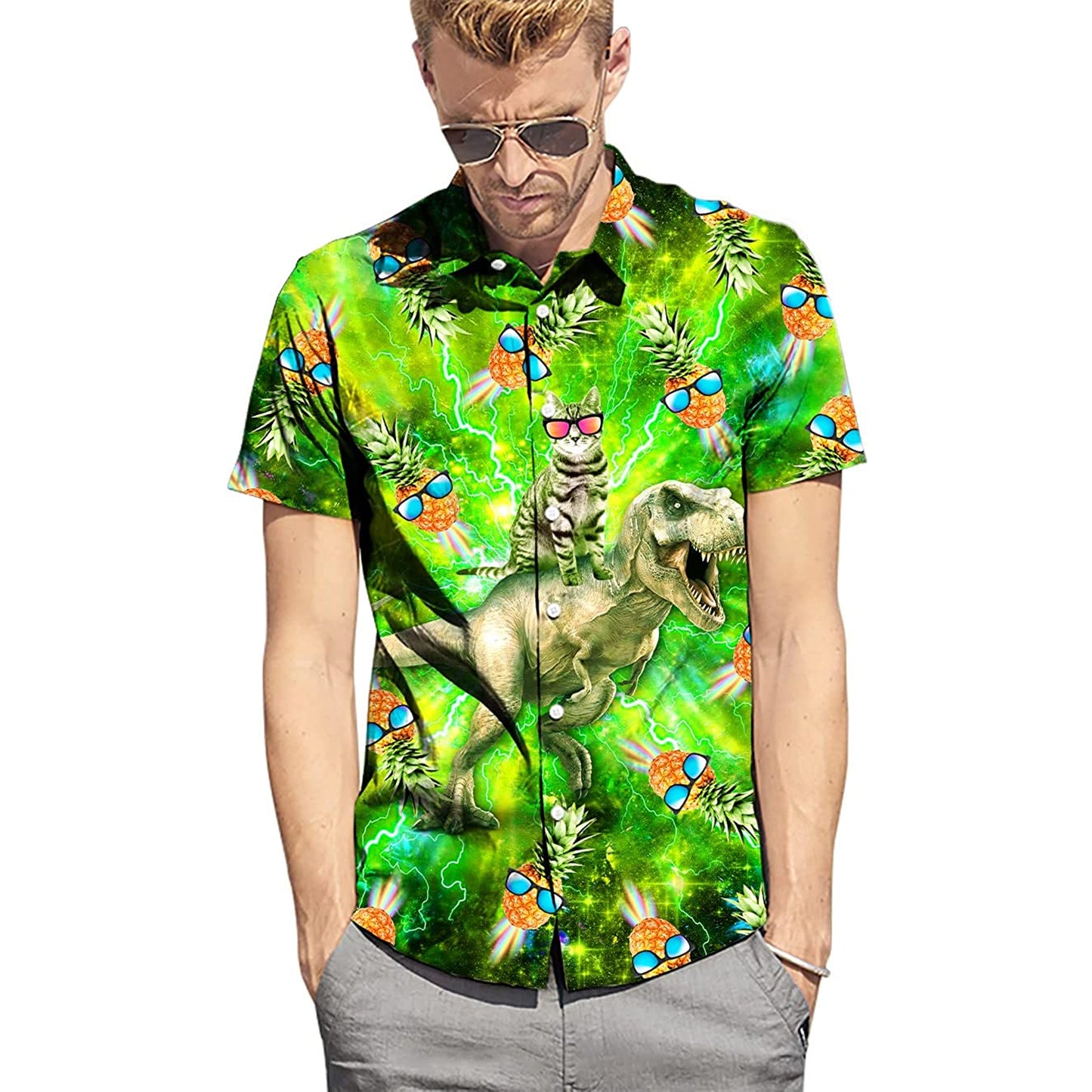 Ananas kat rijdende dinosaurus nieuwigheid Hawaiiaans shirt