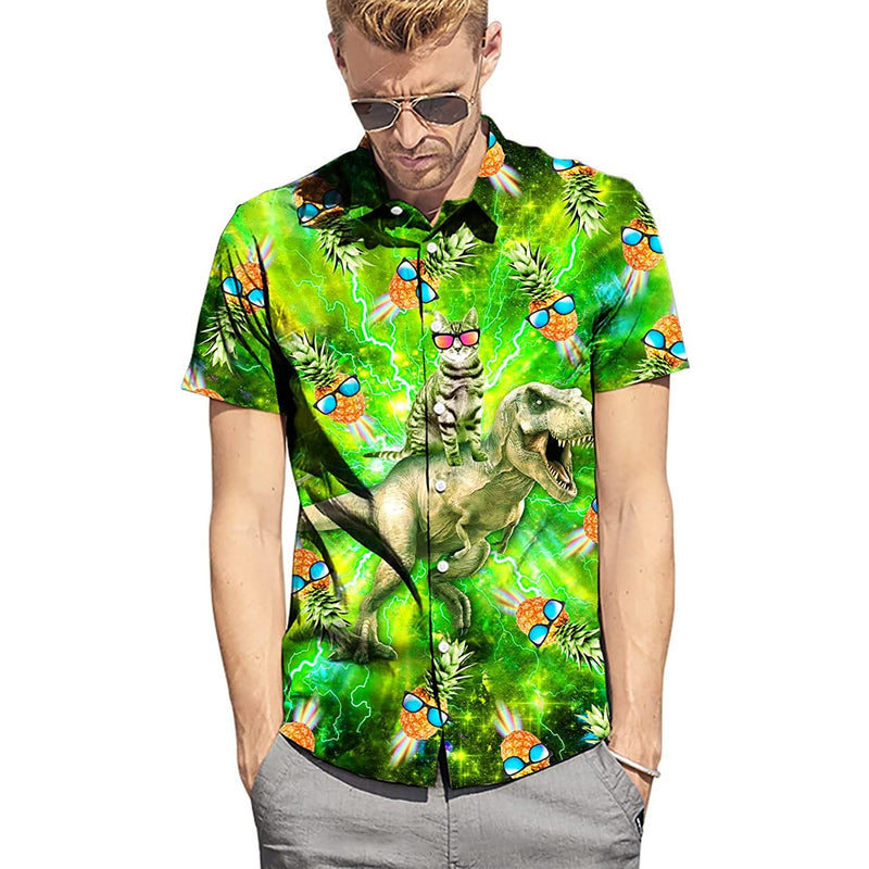 Pineapple Cat Riding Dinosaur Novelty Hawaiian Shirt