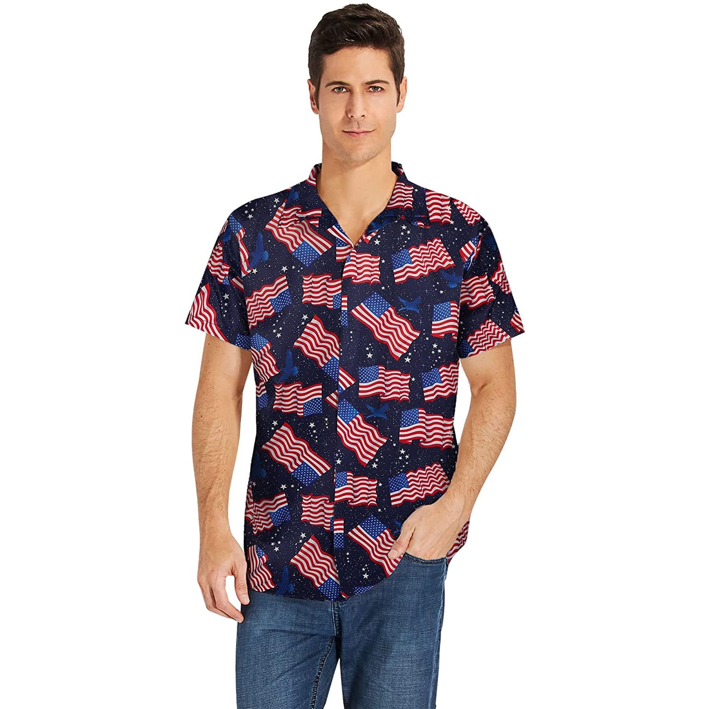 Lustiges Hawaii-Shirt mit Weltraum-Amerikanische Flagge