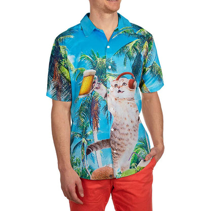 Palm Tree DJ Beer Cat Novelty Hawaiian Shirt