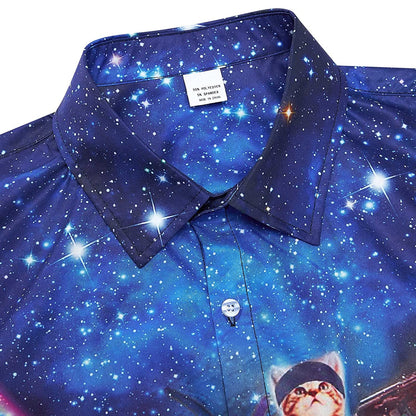 Galaxy Gun Cat Dinosaur Blue Novelty Hawaiian Shirt