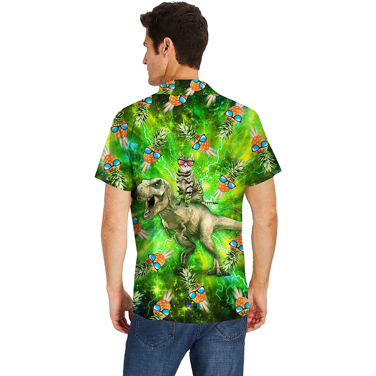 Ananas kat rijdende dinosaurus nieuwigheid Hawaiiaans shirt