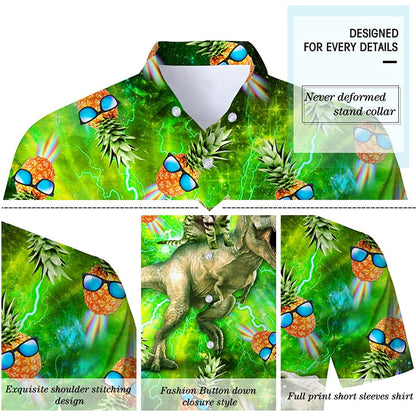 Ananas kat rijdende dinosaurus nieuwigheid Hawaiiaans shirt