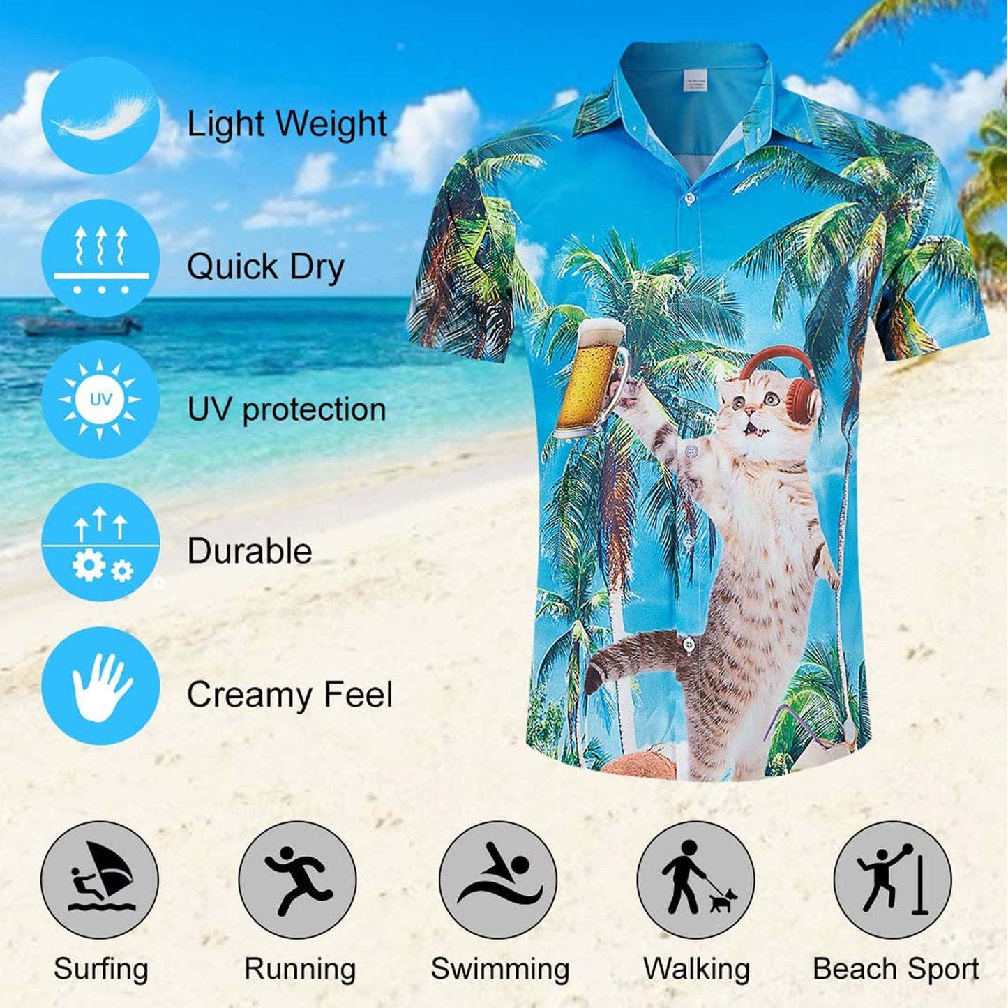 Palm Tree DJ Beer Cat Novelty Hawaiian Shirt