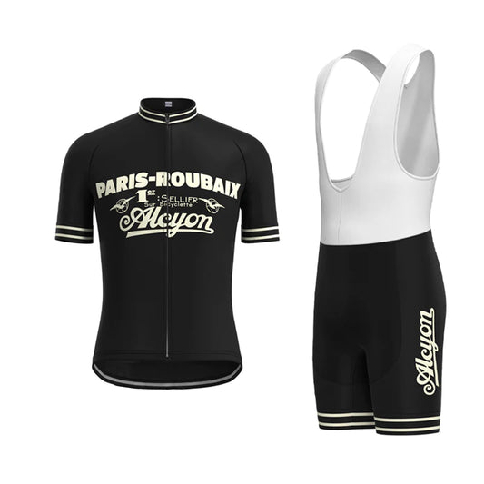 Paris Roubaix Zwart Vintage Korte Mouw Fietsshirt Bijpassende Set