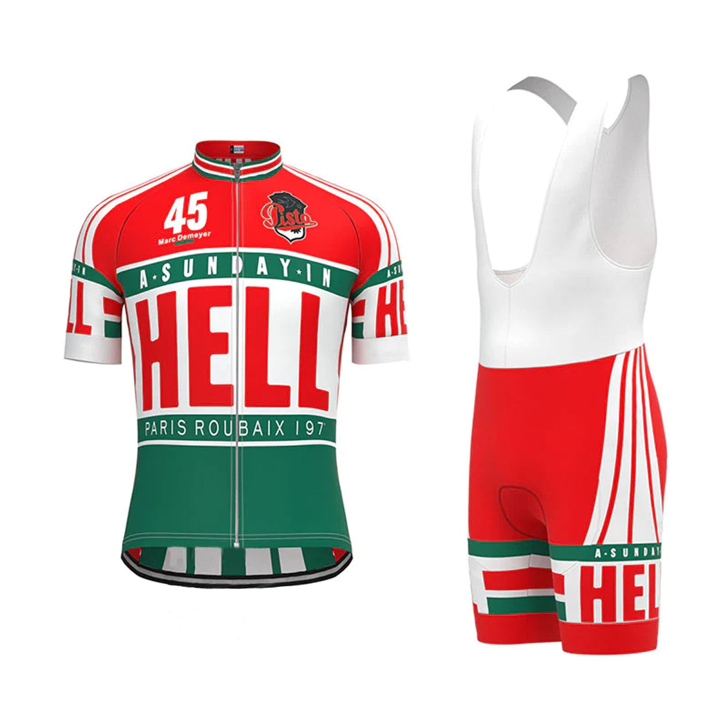 Ein „Sunday in Hell“-Set aus kurzärmeligem Radtrikot im Vintage-Stil in Rot