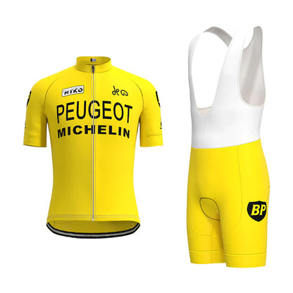 Peugeot Geel Vintage Korte Mouw Fietsshirt Bijpassende Set