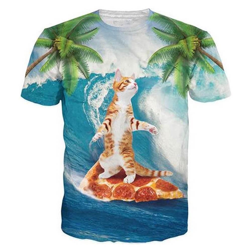 Kokosnootboomkat surft op pizza grappig T-shirt