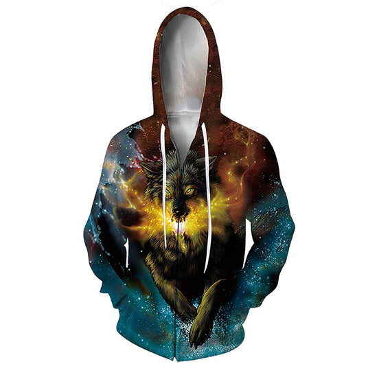 Lustiger Kapuzenpullover mit Reißverschluss und Galaxy-Wolf-Motiv