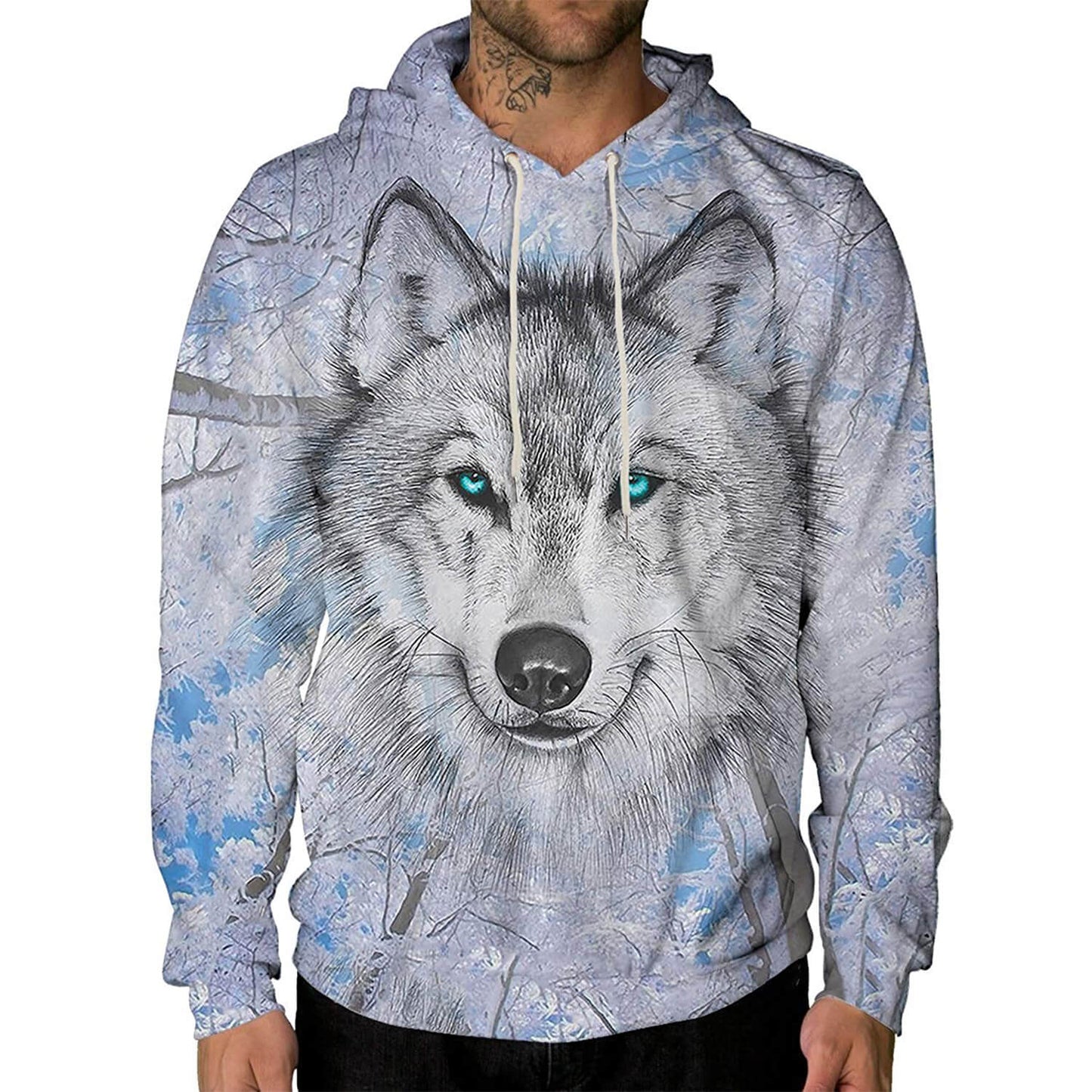 Kapuzenpullover mit Wolfsmotiv und blauen Augen