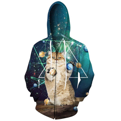 Planet Cat – Lustiger Kapuzenpullover mit Reißverschluss, grün