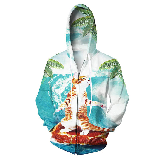 Katze surft auf Pizza Zip Lustiger Hoodie