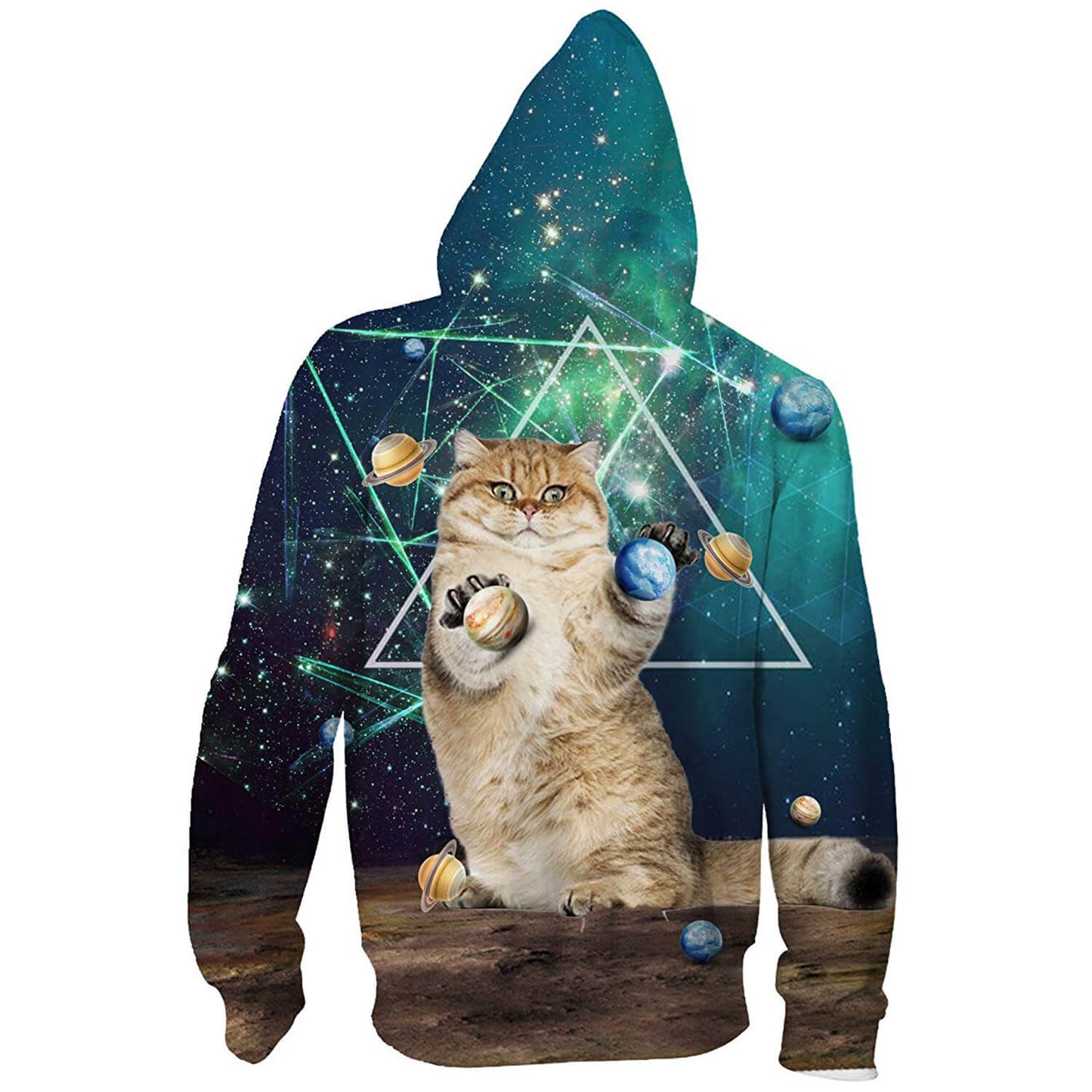 Planet Cat – Lustiger Kapuzenpullover mit Reißverschluss, grün