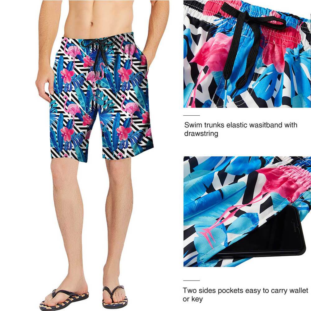 Blue Flowers Flamingos Funny Swim Trunks