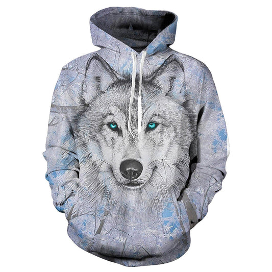 Kapuzenpullover mit Wolfsmotiv und blauen Augen