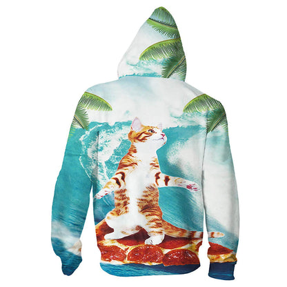 Katze surft auf Pizza Zip Lustiger Hoodie