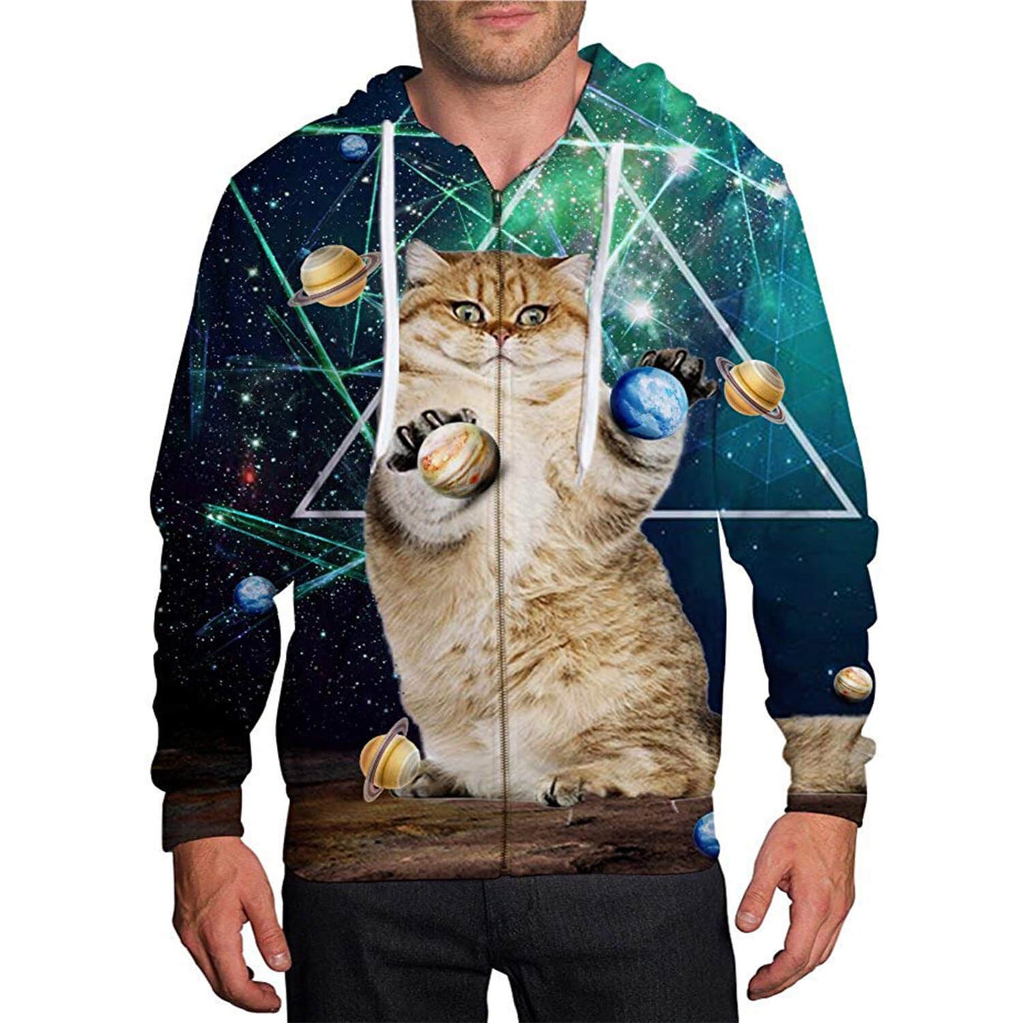 Planet Cat – Lustiger Kapuzenpullover mit Reißverschluss, grün