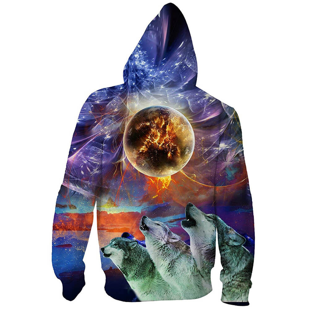 Kapuzenpullover mit Reißverschluss und Vollmond-Wolf