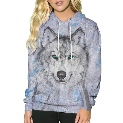 Kapuzenpullover mit Wolfsmotiv und blauen Augen