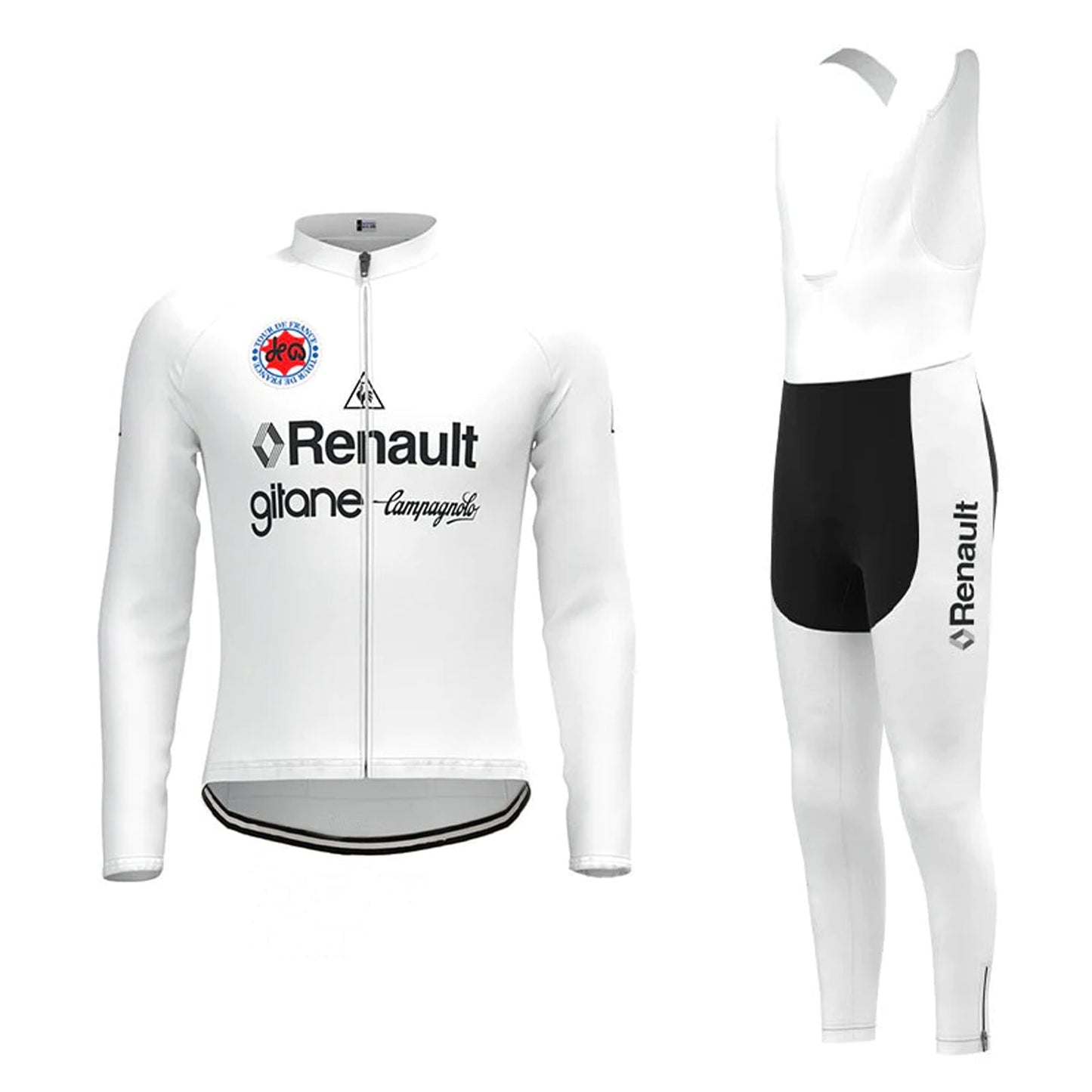 Renault Gitane Weißes Vintage Langarm-Radtrikot Passendes Set