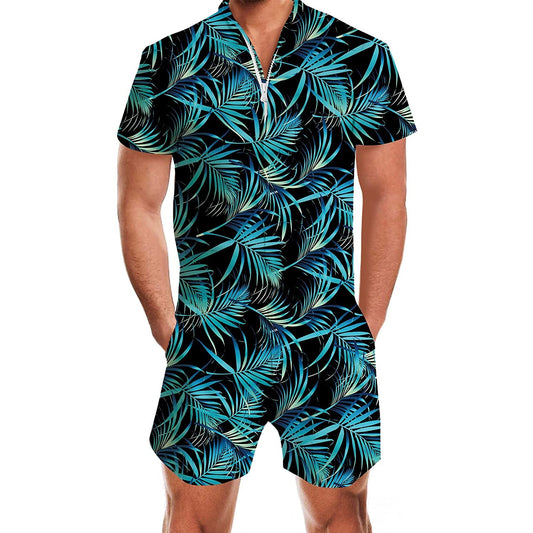 Blauwe Hawaii-blad romper voor heren