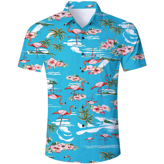 Blauwe palmboom flamingo's grappig Hawaiiaans shirt