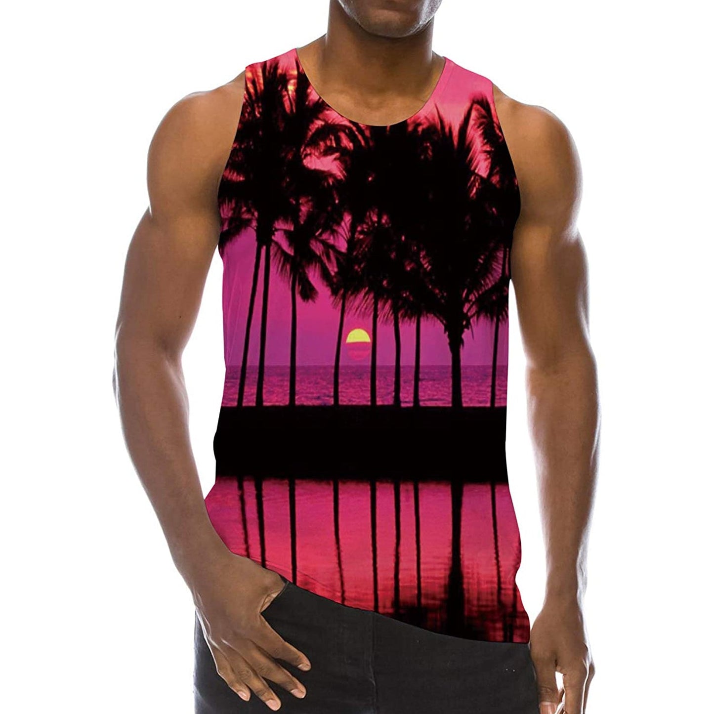 Lustiges Tank Top mit roter Sonnenuntergang-Palme